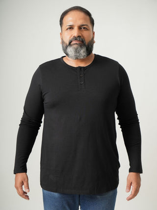 Balanced Fit - Henley Neck Long Sleeve - Charcoal Black