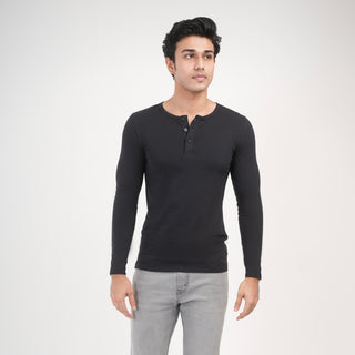 V-Taper Fit ( V-fit) Henley Neck Long Sleeve - Charcoal Black