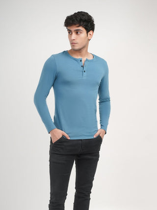 Sleek Fit- Henley Neck Long Sleeve- Cobalt Blue