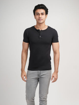 Power Fit - Henley Neck Short Sleeve - Charcoal Black