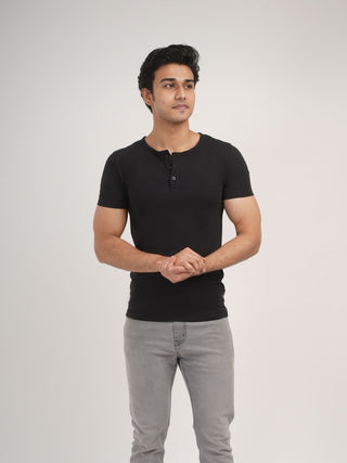 Power Fit - Henley Neck Short Sleeve - Charcoal Black