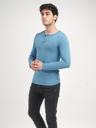 Sleek Fit- Henley Neck Long Sleeve- Cobalt Blue