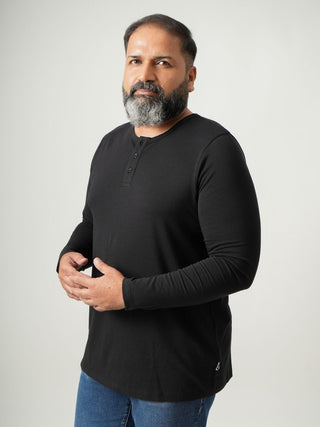 Balanced Fit - Henley Neck Long Sleeve - Charcoal Black