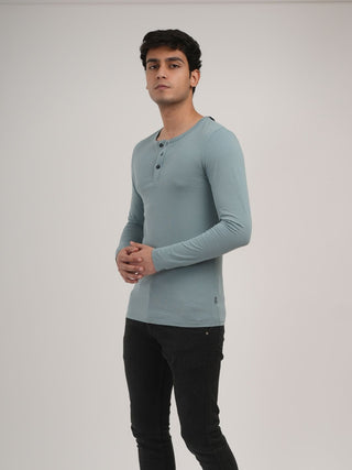 Sleek Fit- Henley Neck Long Sleeve- Sage Blue