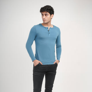 V - Fit Henley Neck Long Sleeve - Cobalt Blue