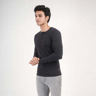 V- Fit Henley Neck Long Sleeve - Charcoal Black