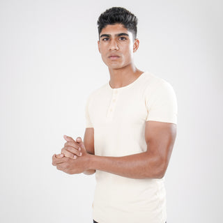 V - Fit Henley Neck Short Sleeve - Sand Beige