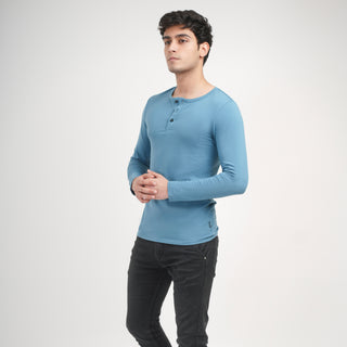 V - Fit Henley Neck Long Sleeve - Cobalt Blue