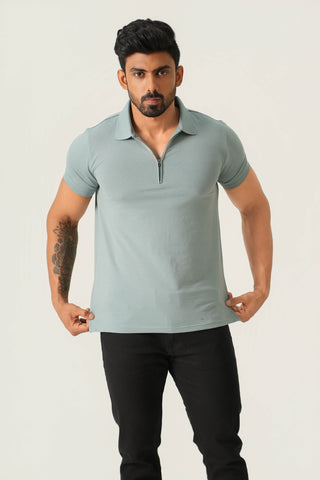 Power Fit - Zip Polo Short Sleeve - Sage Blue