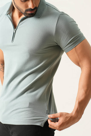 Power Fit - Zip Polo Short Sleeve - Sage Blue