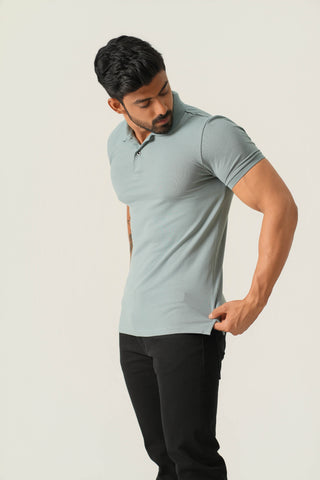 Power Fit - Button Polo Short Sleeve - Sage Blue