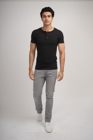 Sleek Fit- Henley Neck Short Sleeve- Charcoal Black