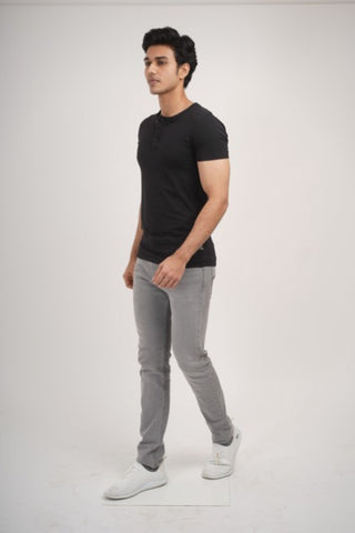 Sleek Fit- Henley Neck Short Sleeve- Charcoal Black