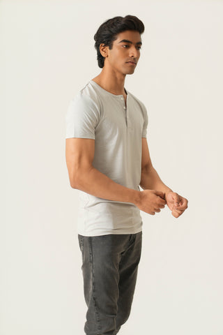 Sleek Fit- Henley Neck Short Sleeve- Granite Gray
