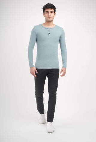 Sleek Fit- Henley Neck Short Sleeve- Sage Blue