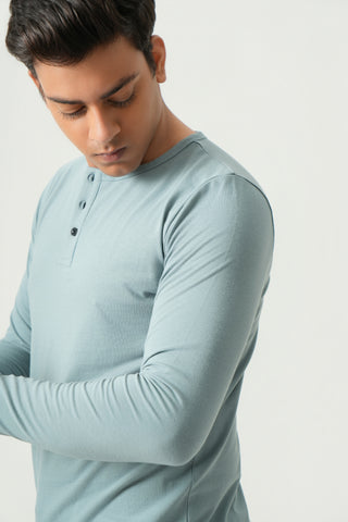 Define Fit - Henley Neck Long Sleeve - Sage Blue