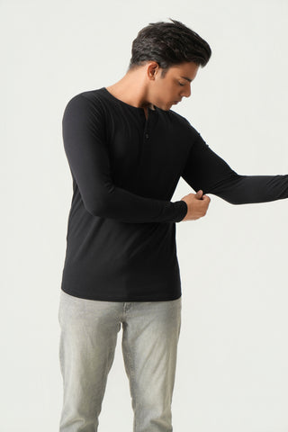 Define Fit - Henley Neck Long Sleeve - Charcoal Black