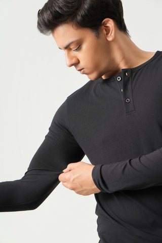 Define Fit - Henley Neck Long Sleeve - Charcoal Black