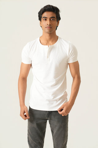 Sleek Fit- Henley Neck Short Sleeve- Classic White