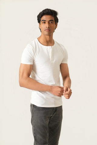 Sleek Fit- Henley Neck Short Sleeve- Classic White