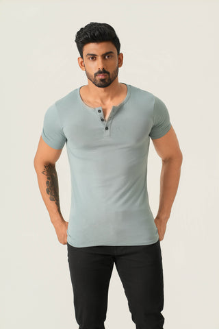 Power Fit - Henley Neck Short Sleeve - Sage Blue