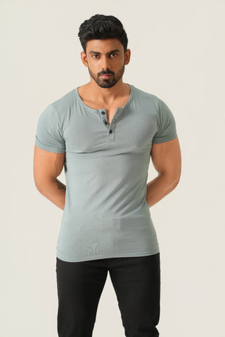 Power Fit - Henley Neck Short Sleeve - Sage Blue