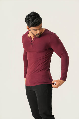 Power Fit - Henley Neck Long Sleeve - Red Rock