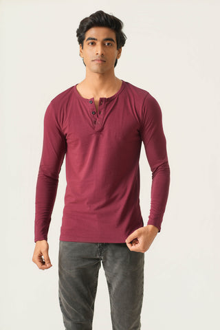 Sleek Fit- Henley Neck Long Sleeve- Red Rock