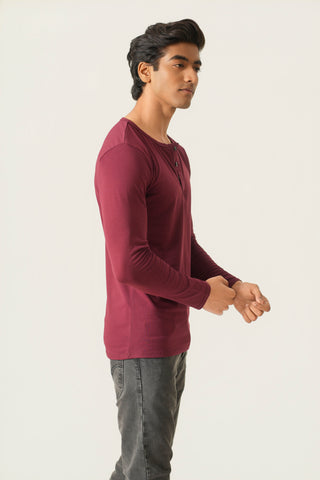 Sleek Fit- Henley Neck Long Sleeve- Red Rock