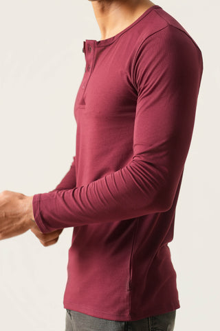 Sleek Fit- Henley Neck Long Sleeve- Red Rock