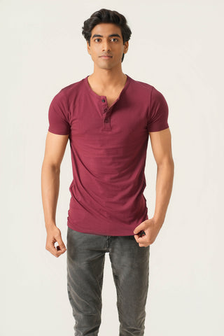 Sleek Fit- Henley Neck Short Sleeve- Red Rock