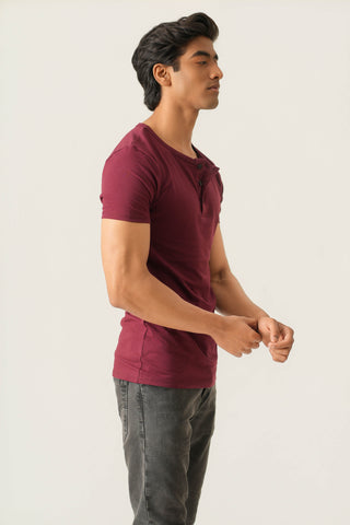 Sleek Fit- Henley Neck Short Sleeve- Red Rock