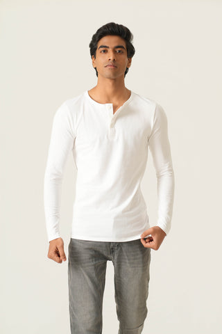 Sleek Fit- Henley Neck Long Sleeve- Classic White