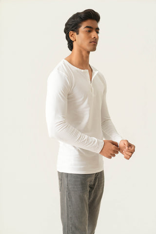 Sleek Fit- Henley Neck Long Sleeve- Classic White