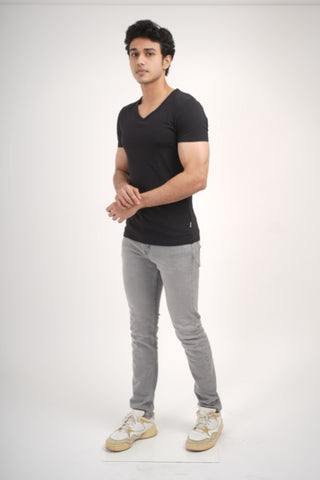 Sleek Fit- V-Neck Short Sleeve- Charcoal Black