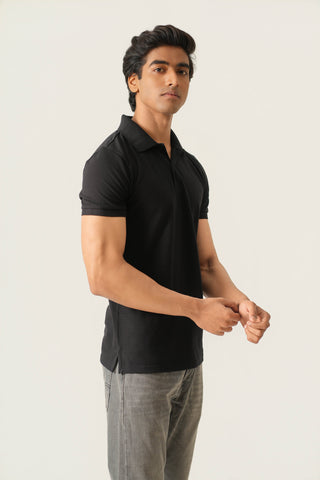 Sleek Fit - Button Polo Short Sleeve - Charcoal Black