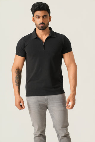 Power Fit - Zip Polo Short Sleeve - Charcoal Black