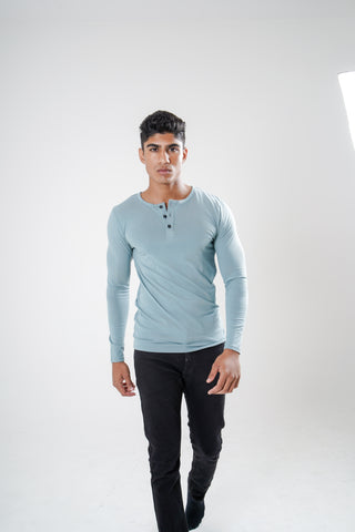 Power Fit - Henley Neck Long Sleeve - Sage Blue