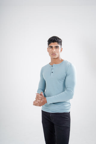 Power Fit - Henley Neck Long Sleeve - Sage Blue
